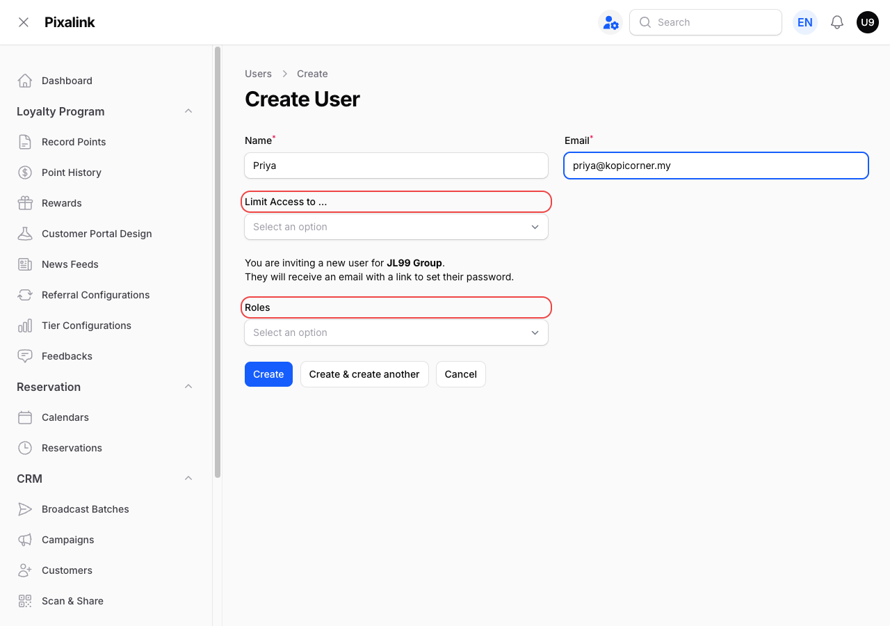 Create User form with the Limit Access to and Roles fields outlined in red, and a staff member's name and email filled in