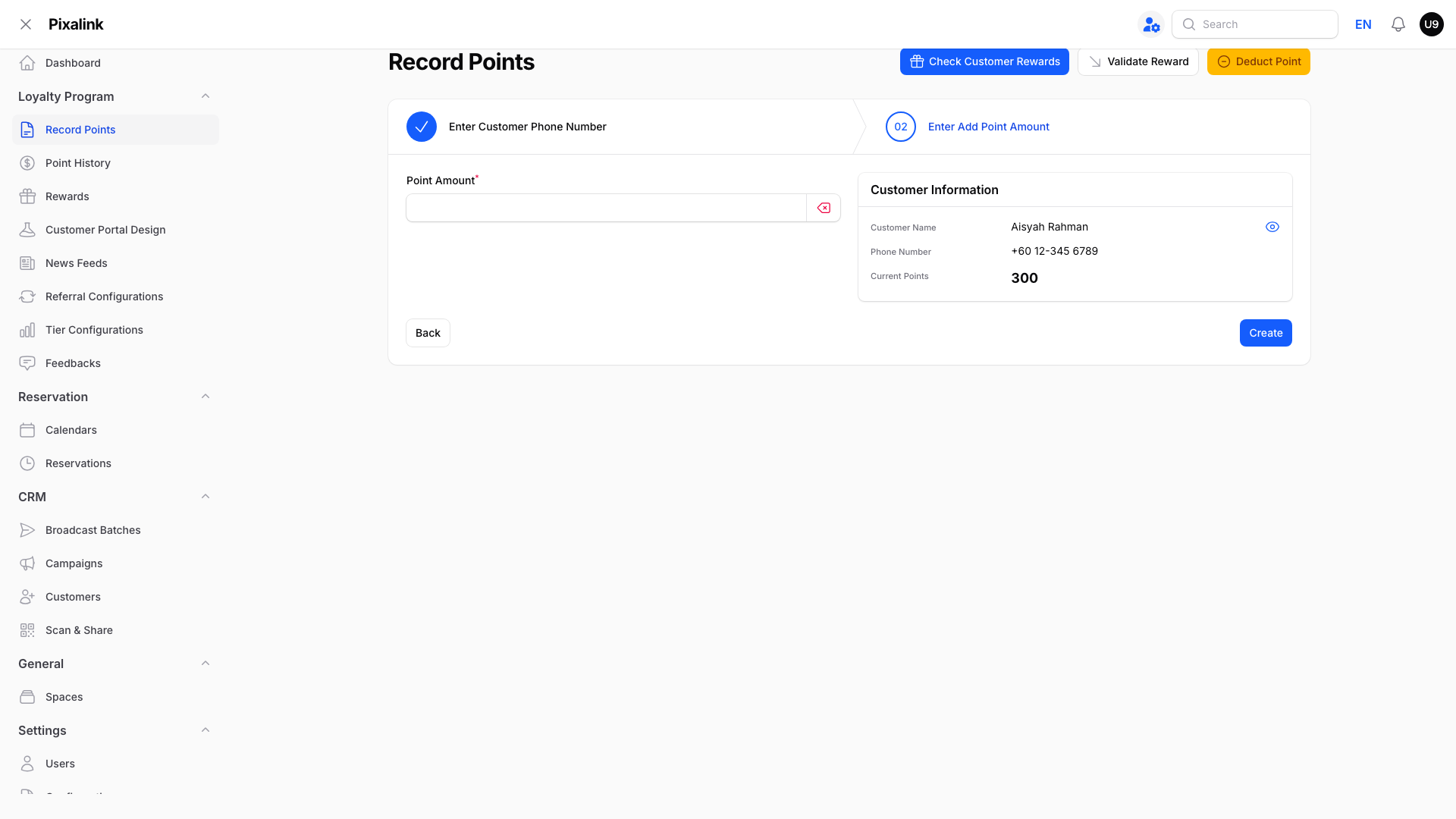 Record Points wizard step 2 showing the Point Amount field with the customer's name, phone number and current points shown on the right