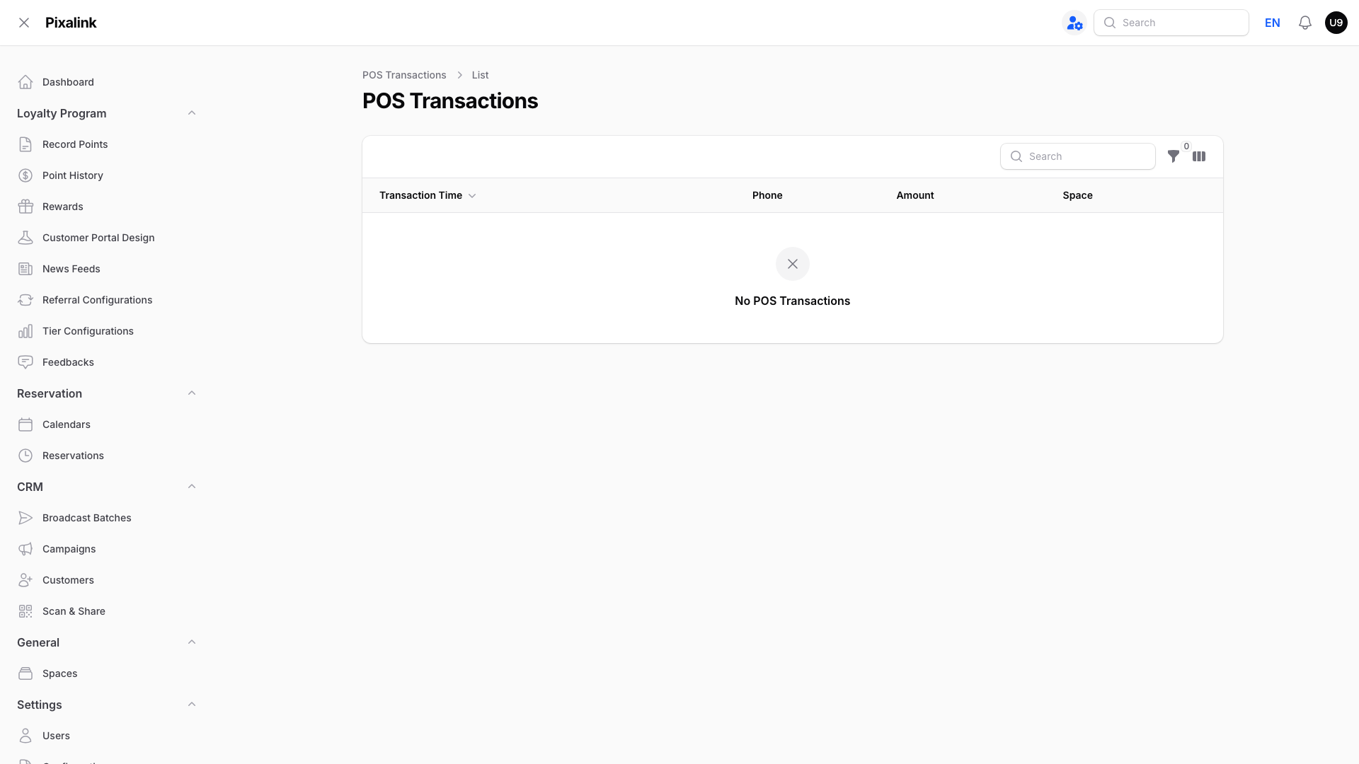 POS Transactions screen showing no pending records for this shop