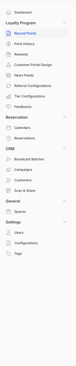 Pixalink admin sidebar with Loyalty Program expanded and Record Points item highlighted