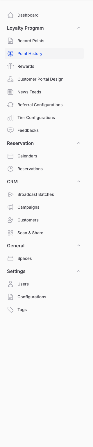 Pixalink admin sidebar with the Point History item highlighted