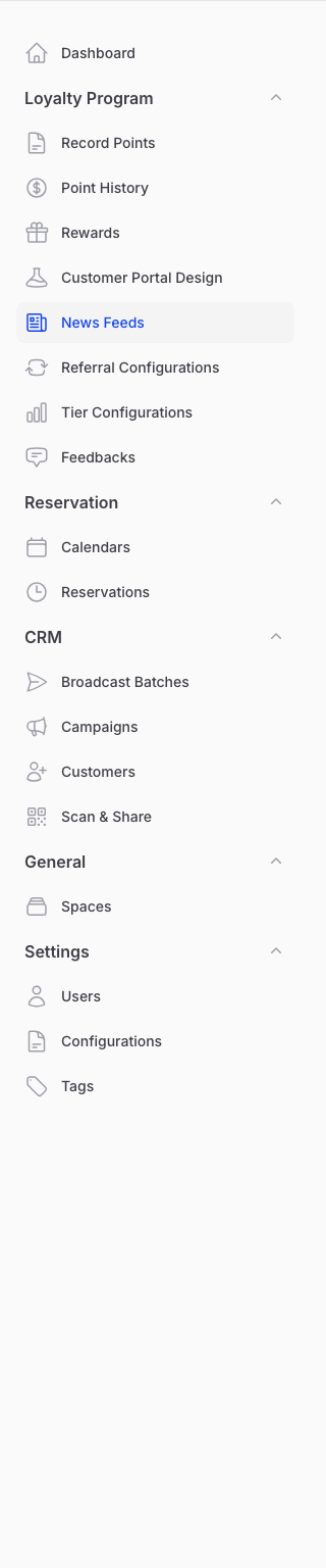 Navigate to News Feeds under Loyalty Program in the Admin Panel sidebar