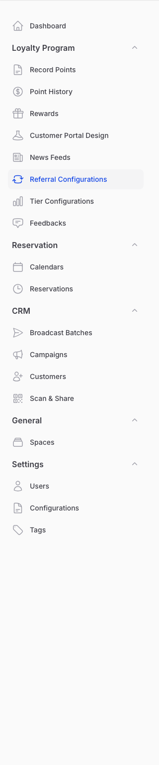 Pixalink admin sidebar with the Referral Configurations item highlighted