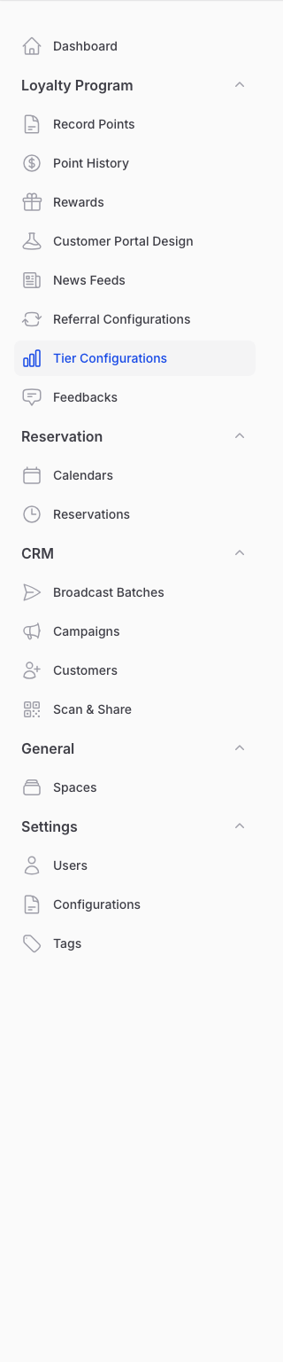 Pixalink admin sidebar with the Tier Configurations item highlighted