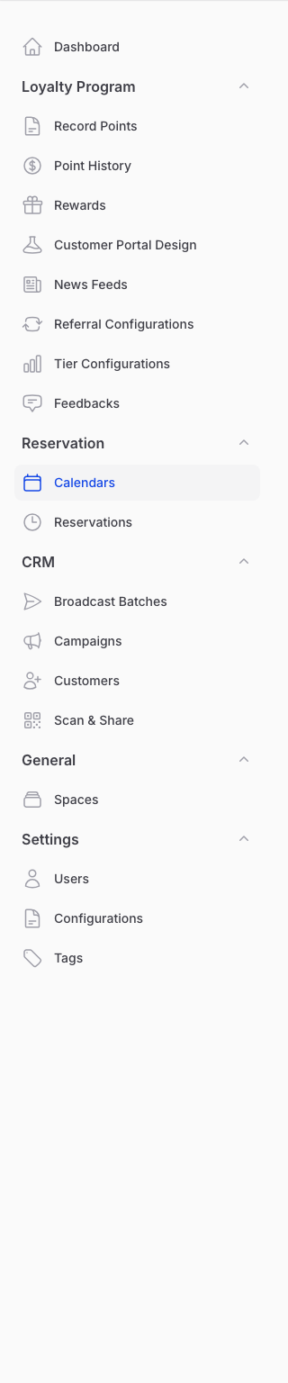 Pixalink admin sidebar with the Calendars item highlighted