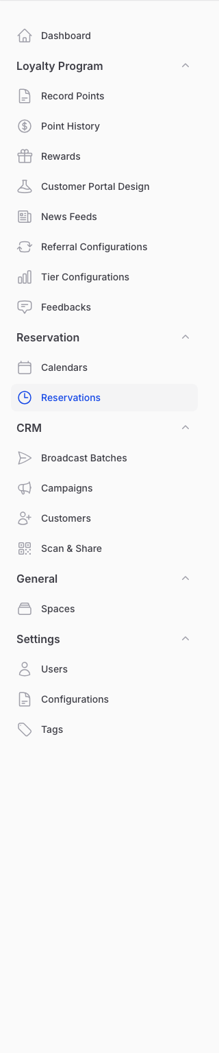 Pixalink admin sidebar with the Reservations item highlighted
