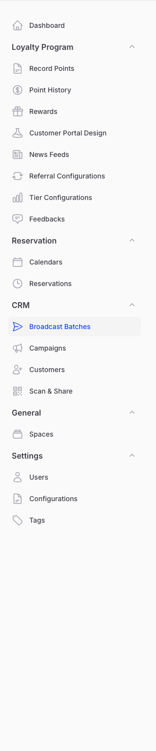 Navigate to Broadcast Batches under CRM in the Admin Panel sidebar