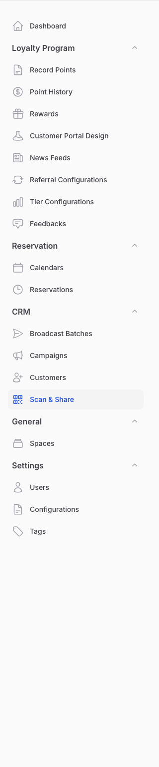 Navigate to Scan and Share under CRM in the Admin Panel sidebar