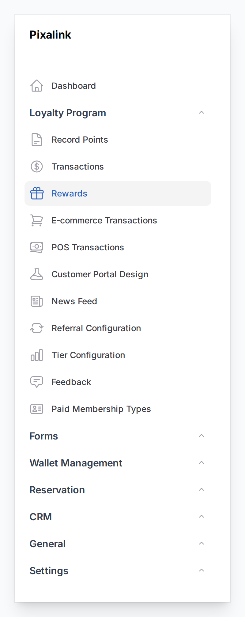 Pixalink admin sidebar with Rewards highlighted under Loyalty Program
