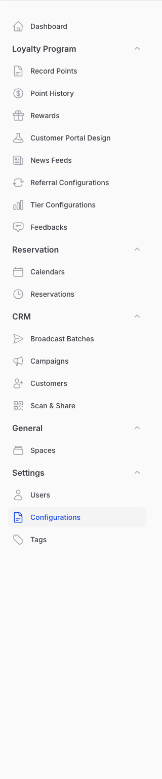 Pixalink admin sidebar with the Configurations item highlighted