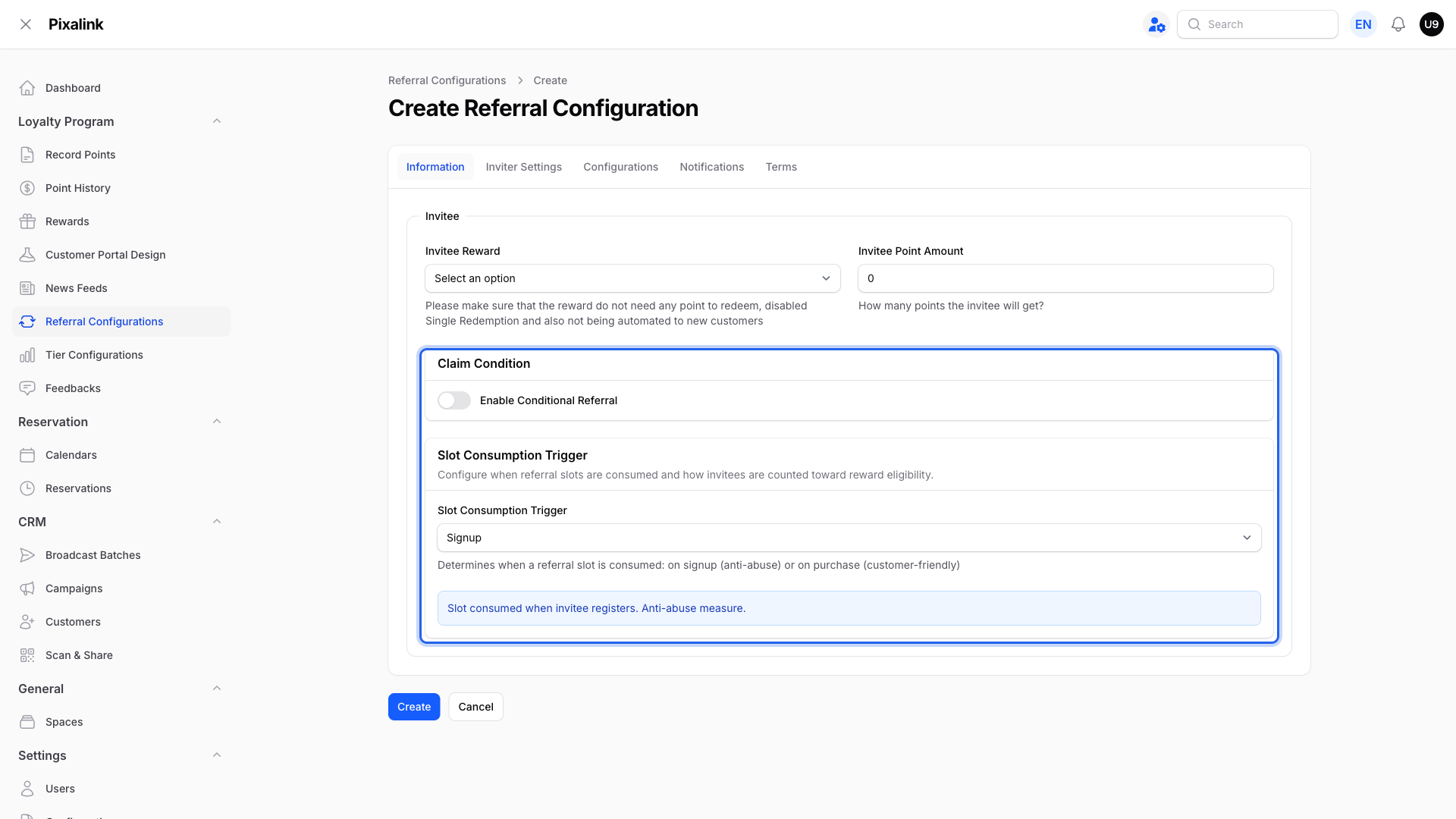 Referral Configuration Information tab showing Invitee Reward, Invitee Point Amount, the Claim Condition toggle and the Slot Consumption Trigger set to Signup