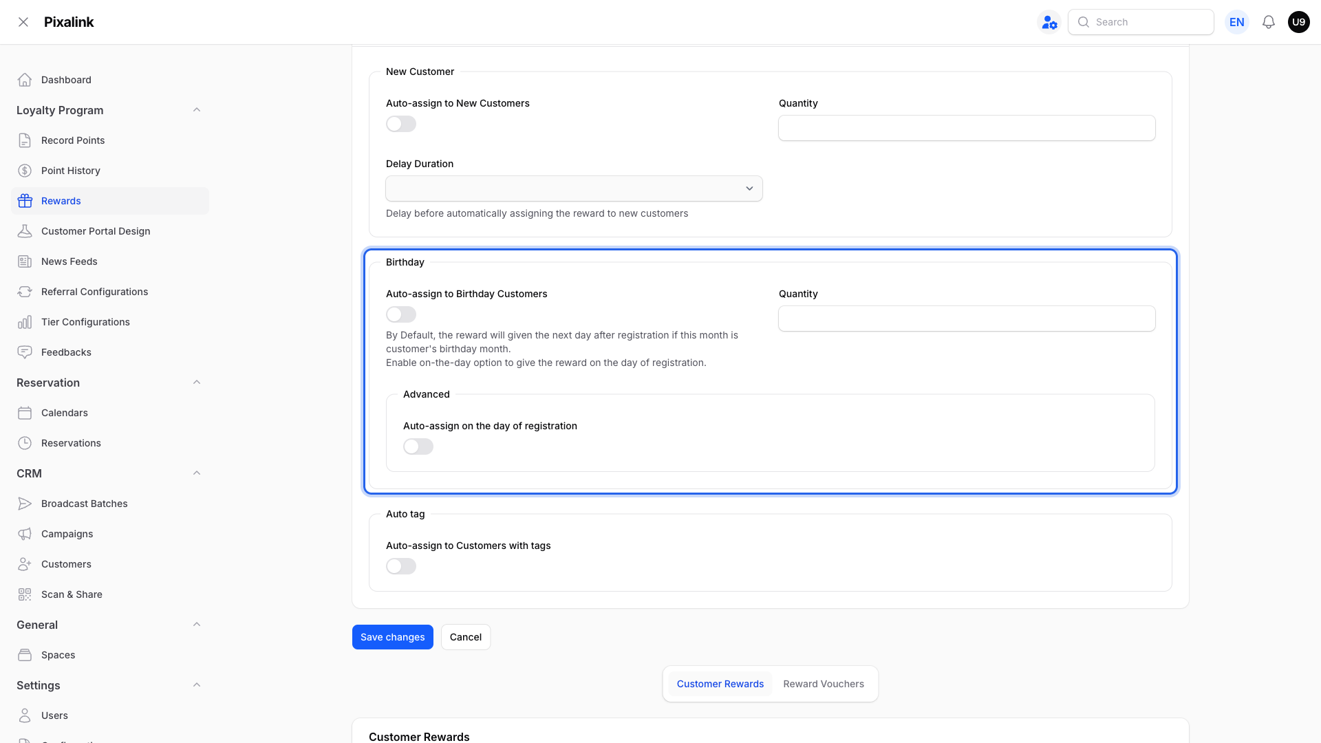 Reward Automations tab with the Birthday section highlighted, showing the Auto-assign to Birthday Customers toggle, Quantity, default-timing helper text, and the Advanced Auto-assign on the day of registration option