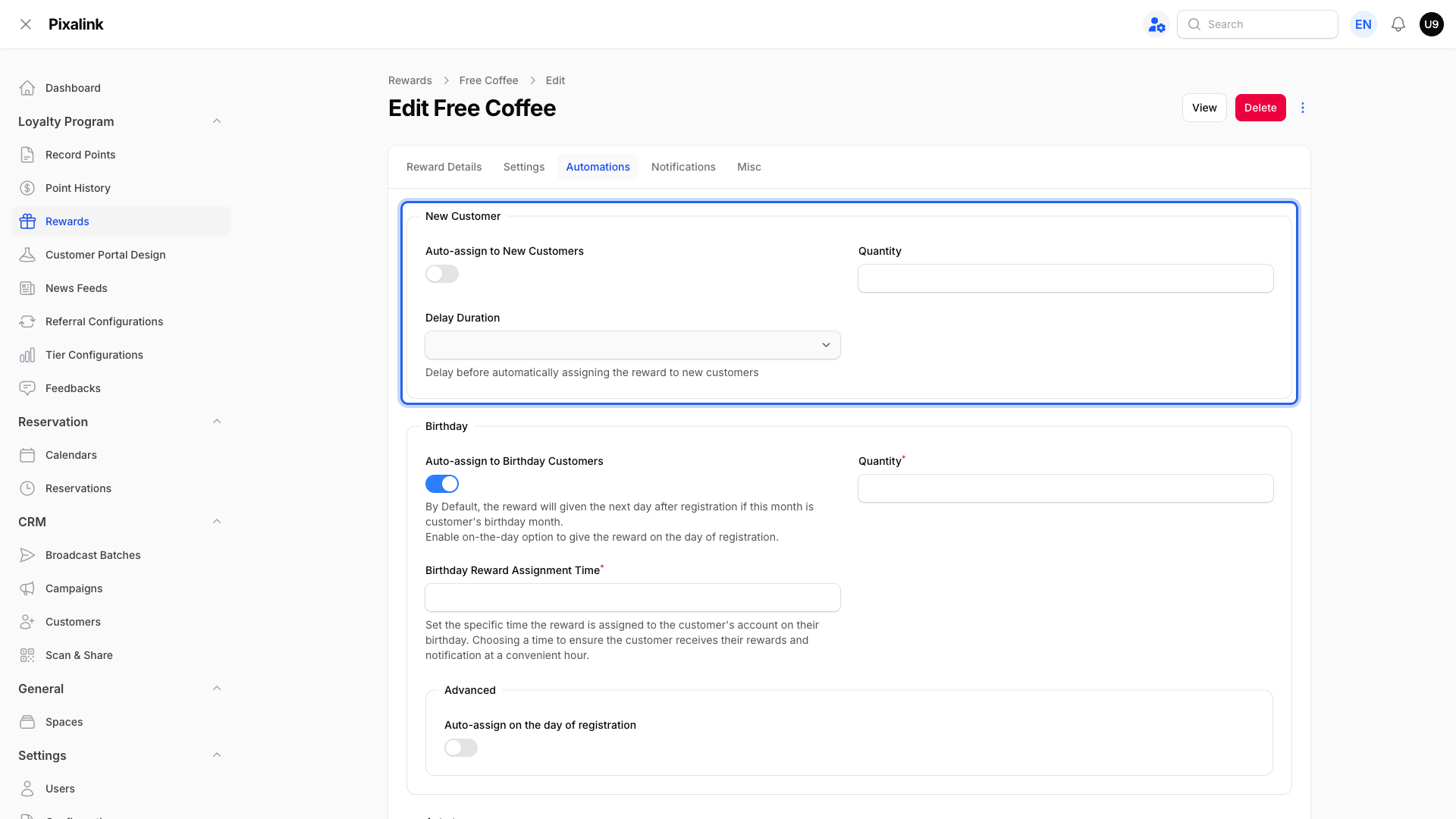 Rewards edit screen, Automations tab, with the New Customer section highlighted showing Auto-assign to New Customers, Quantity, and Delay Duration