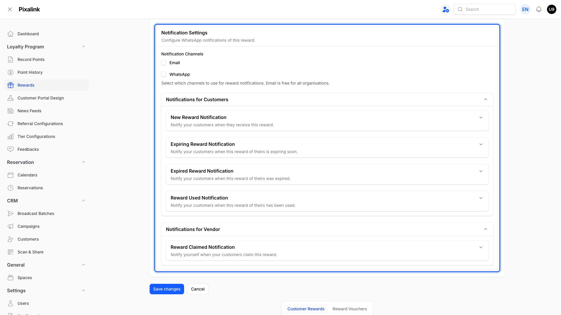 Rewards edit screen, Notifications tab, showing Notification Channels (Email and WhatsApp) and the New Reward Notification toggle for customers