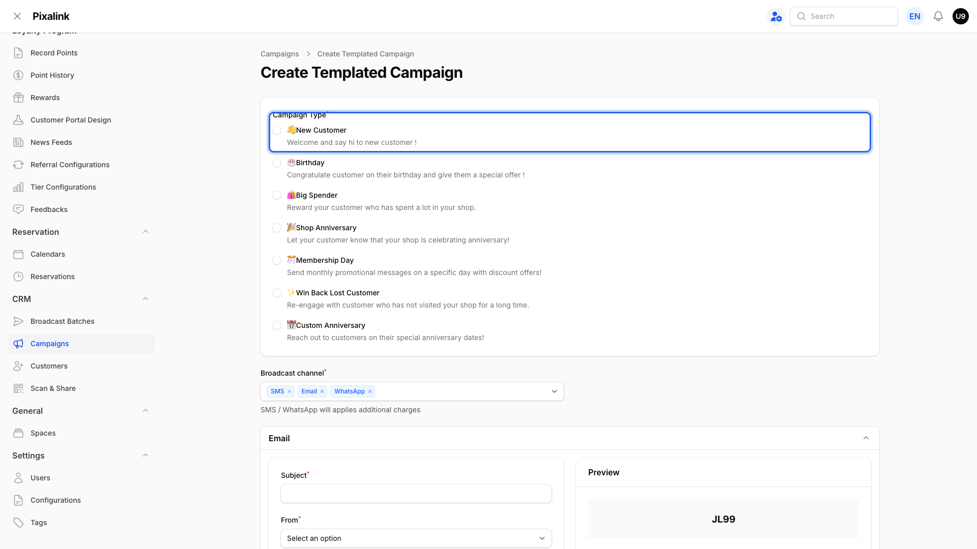 Create Templated Campaign screen with the New Customer campaign type highlighted and broadcast channels SMS, Email and WhatsApp selected