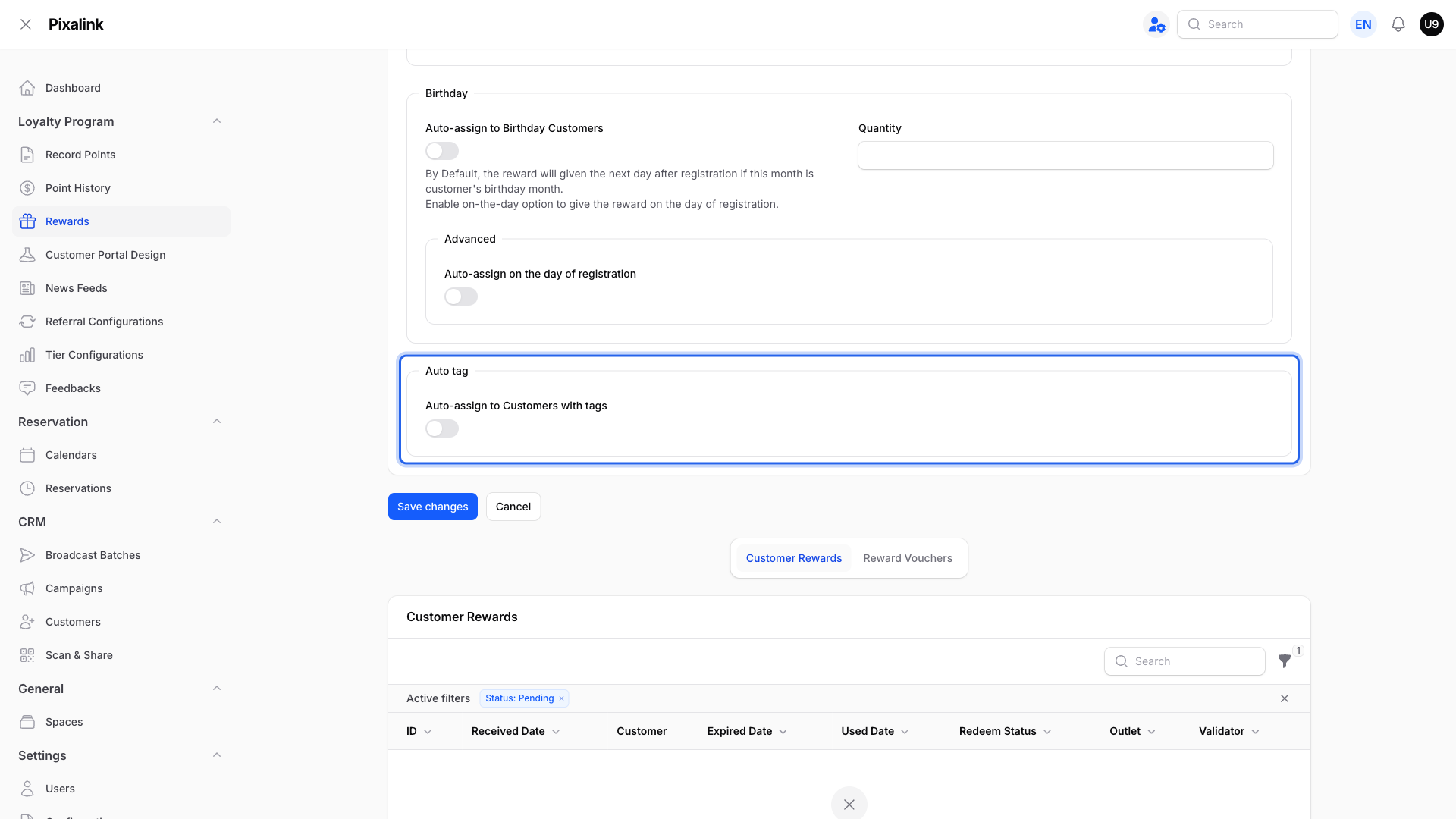 Rewards edit screen, Automations tab, with the Auto tag section highlighted showing the Auto-assign to Customers with tags toggle