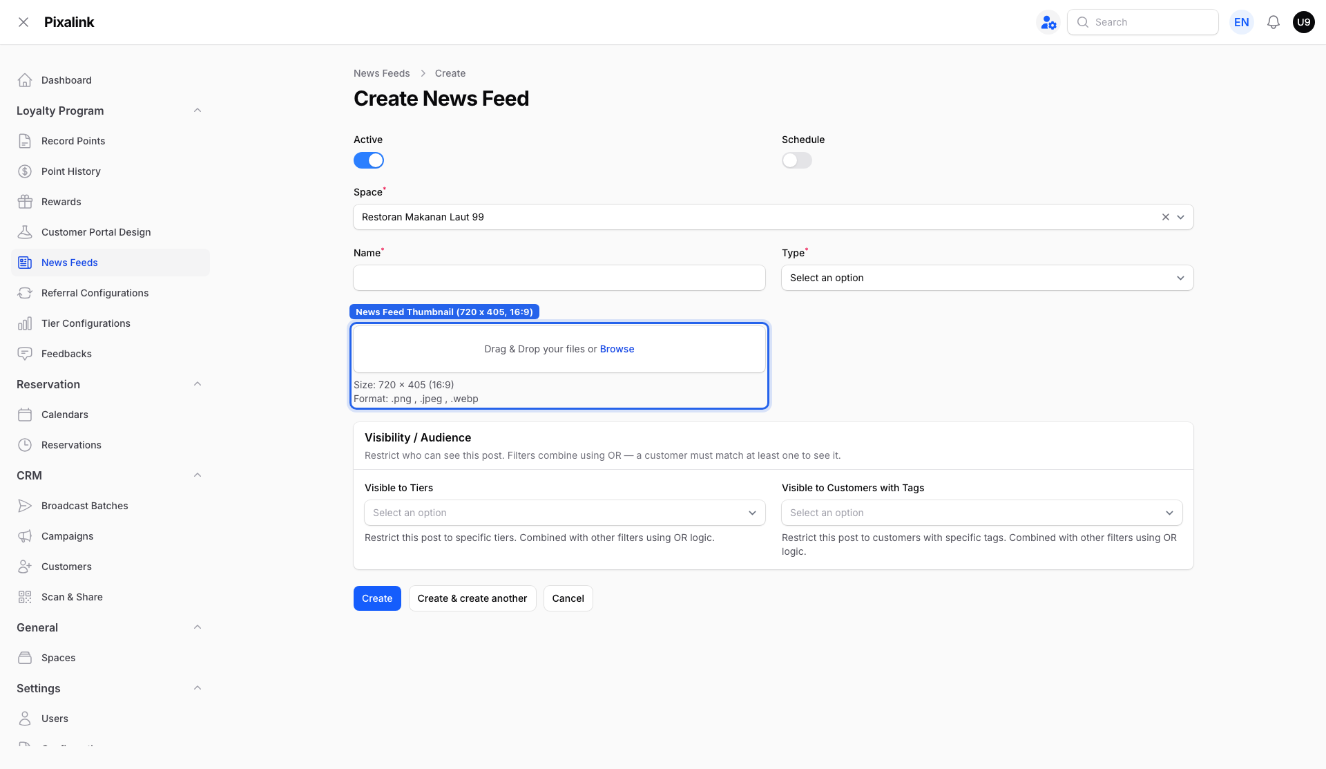 Admin panel Create News Feed form with the Thumbnail upload field highlighted, recommended size 720 by 405