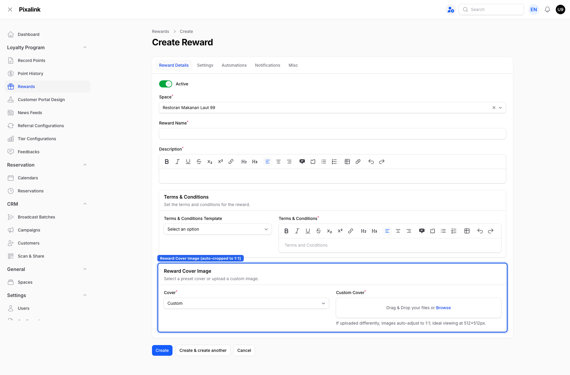 Admin panel Create Reward form with the Reward Cover Image section highlighted, custom cover auto-cropped to 1 to 1