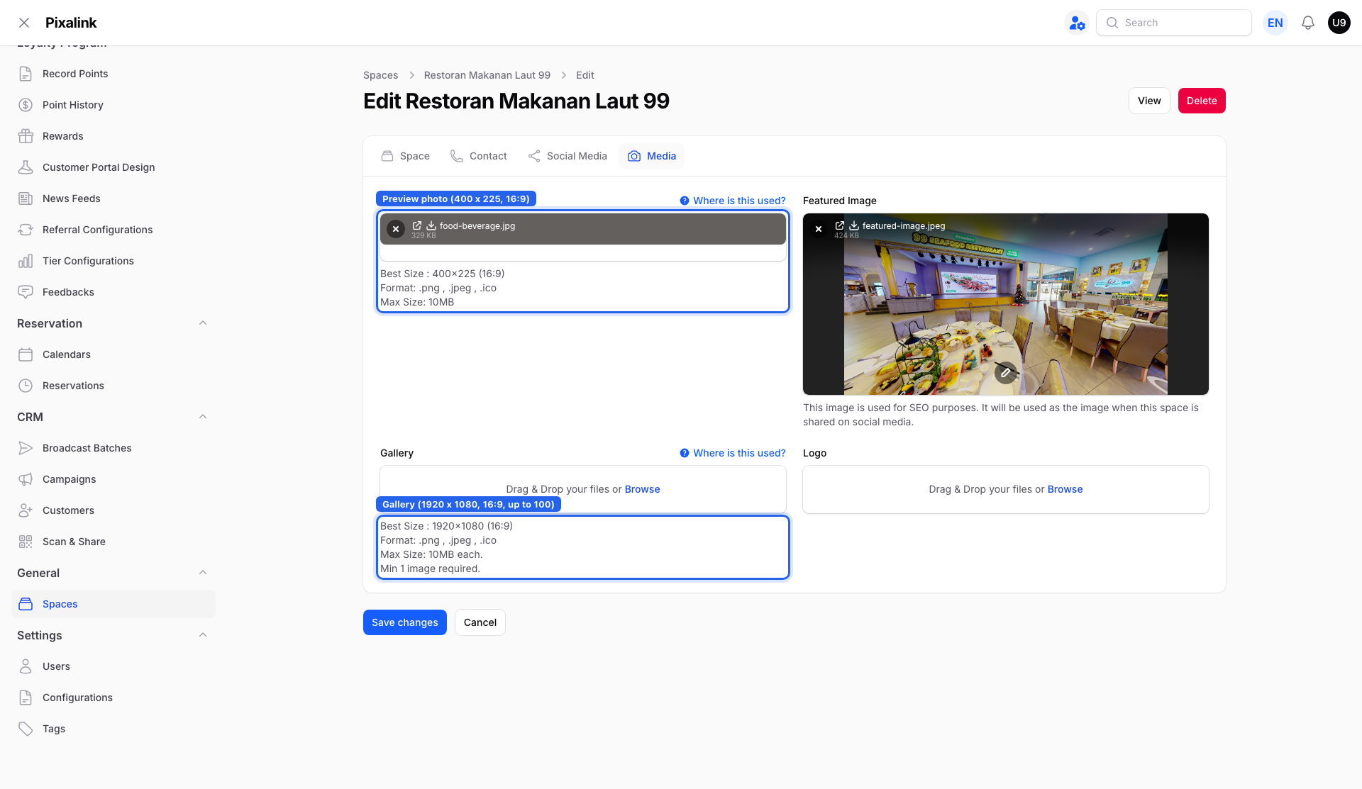 Admin panel Space edit Media tab showing the Preview photo and Gallery upload fields with recommended sizes