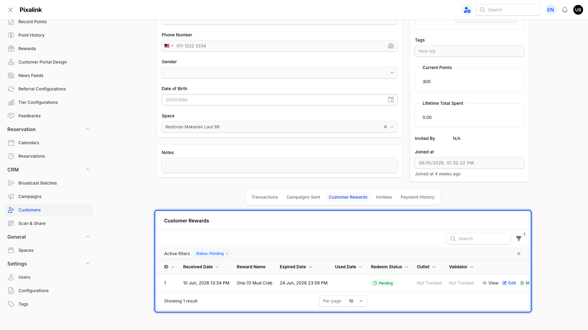 A customer profile with the Customer Rewards tab highlighted, listing a reward the customer has received with its status