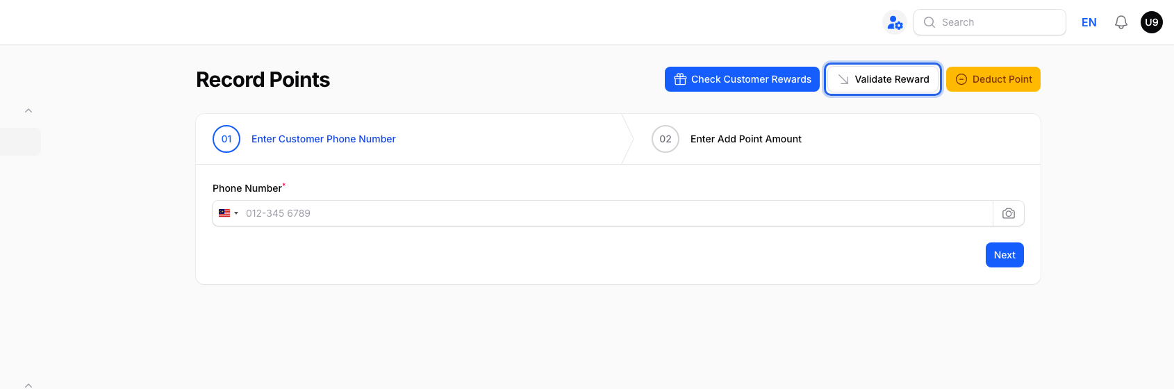 Record Points page with three header actions — Check Customer Rewards, Validate Reward (highlighted), and Deduct Point — above the customer phone number step