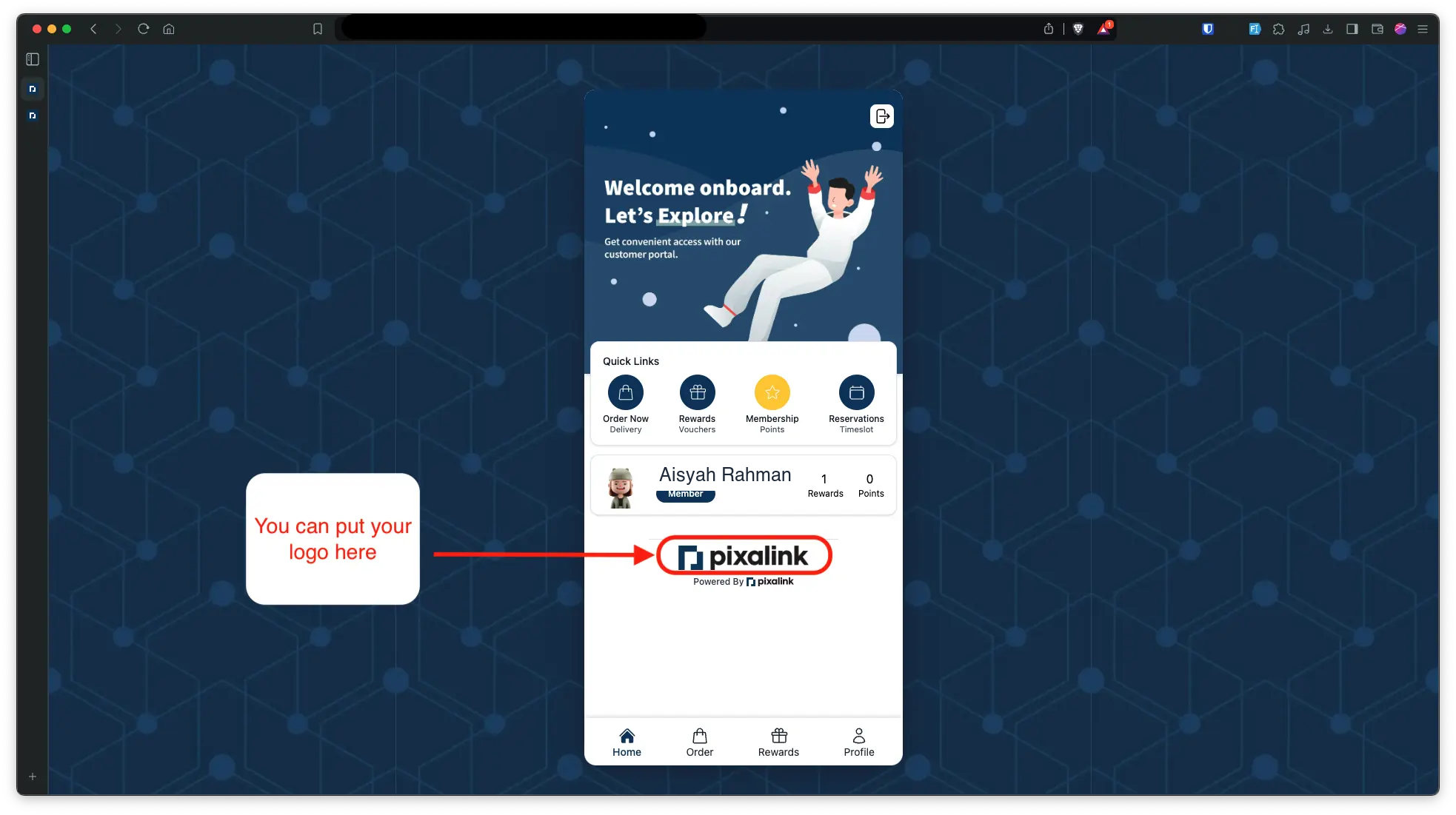 Customer portal home page with a red callout labelling where your logo appears, near the footer above the Powered By line