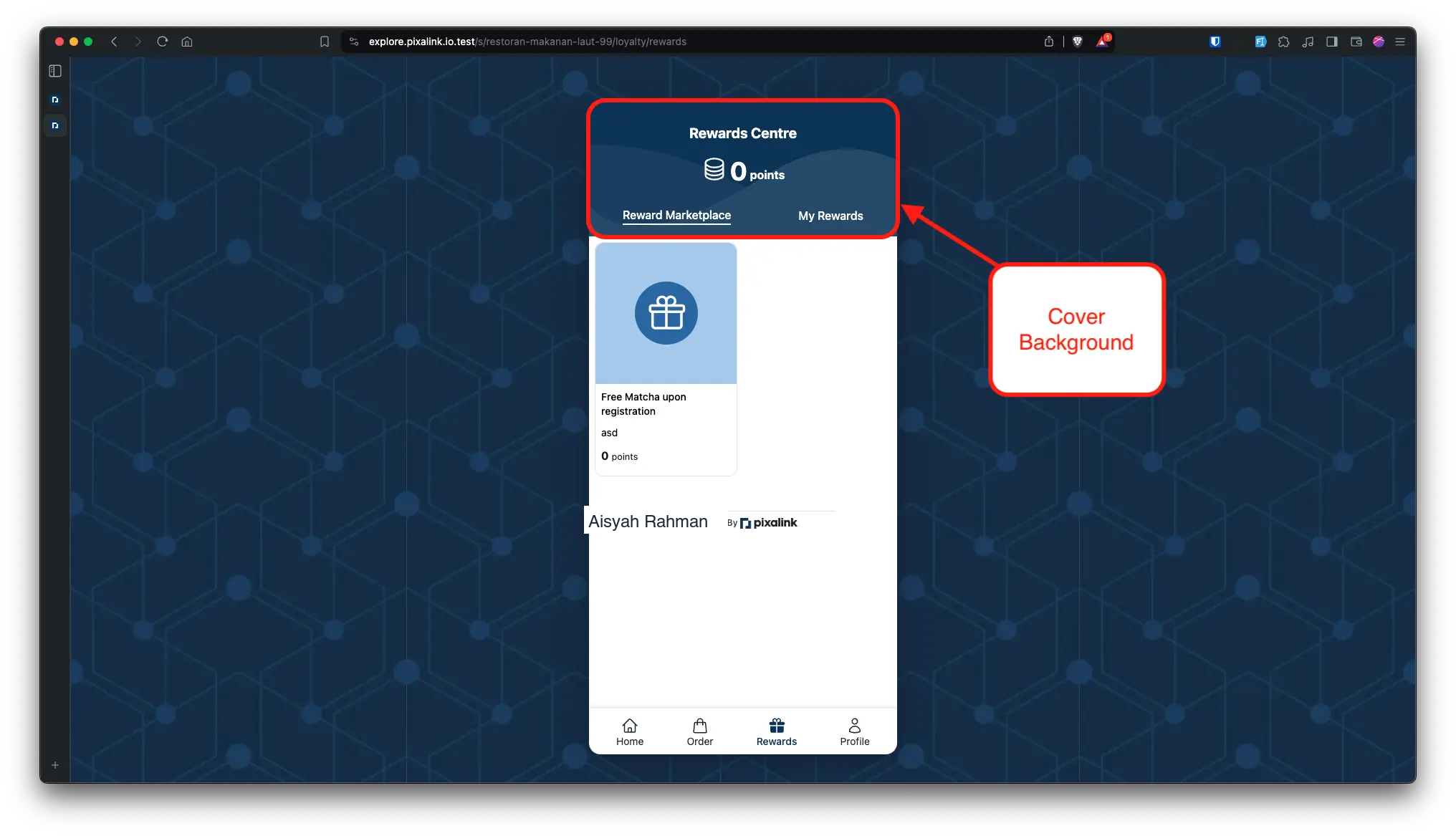 Customer portal with a red callout labelling the Cover Background, a second background image used in the portal design