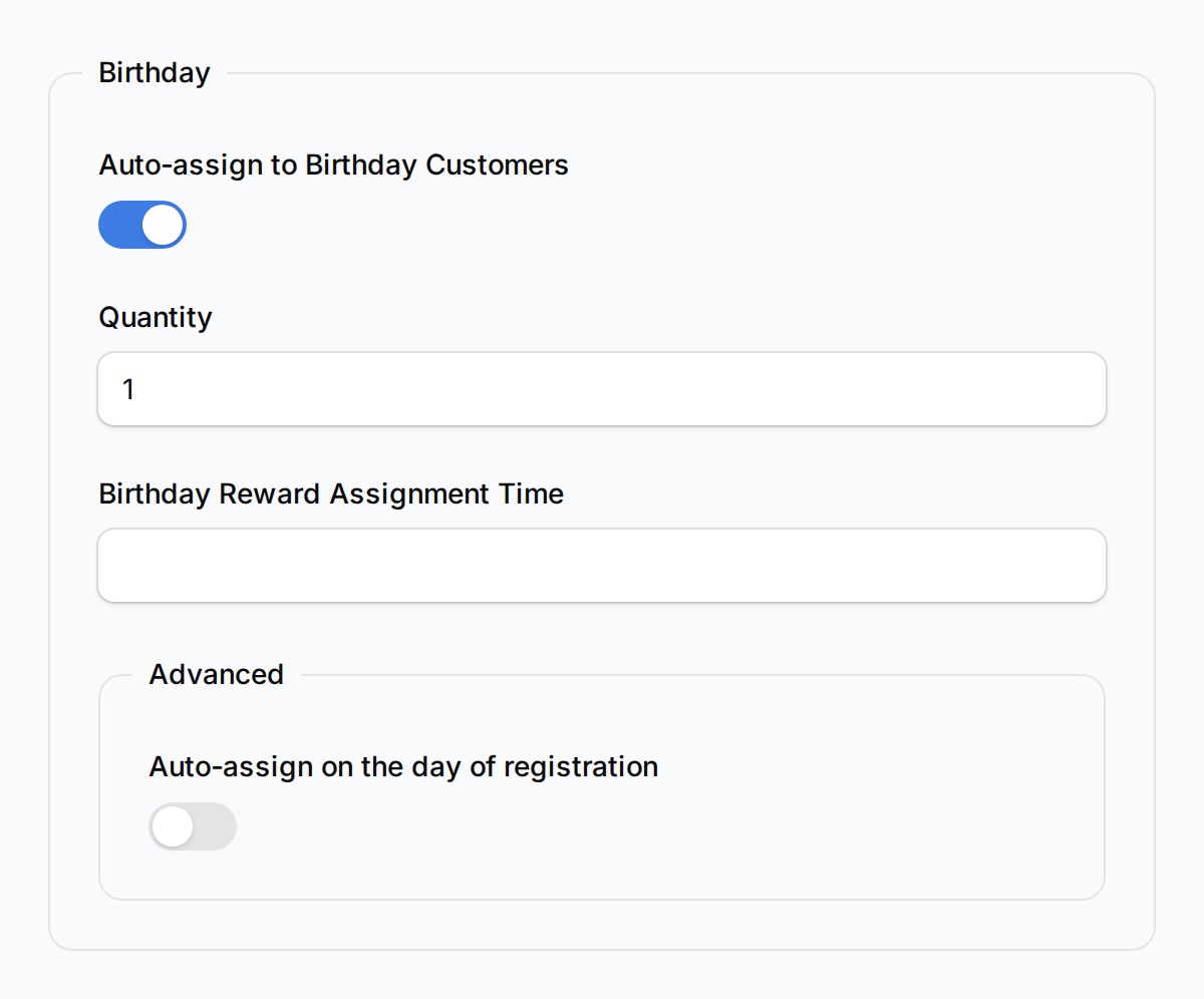 Birthday automation section showing toggle enabled, quantity 1, assignment time, and Advanced settings