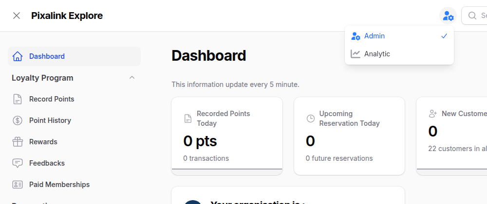 Admin panel top bar with the panel switcher open, showing two options, Admin (currently selected) and Analytic, with Analytic ready to be chosen