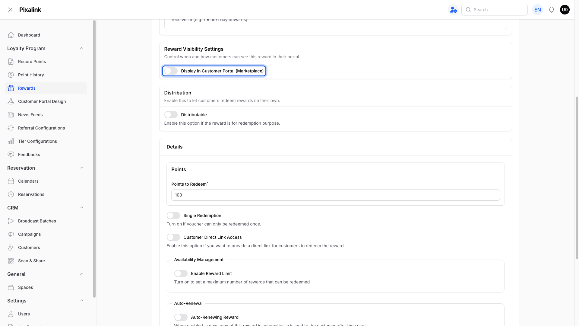 Reward Settings tab with the Display in Customer Portal (Marketplace) toggle switched off and highlighted
