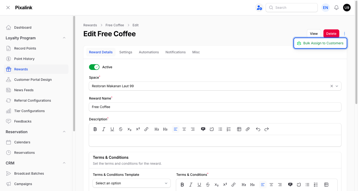 Reward edit page actions menu open with Bulk Assign to Customers highlighted