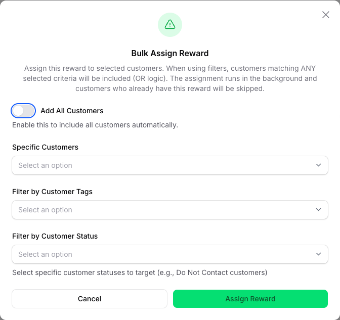 Bulk Assign Reward window with Add All Customers off and the Specific Customers select