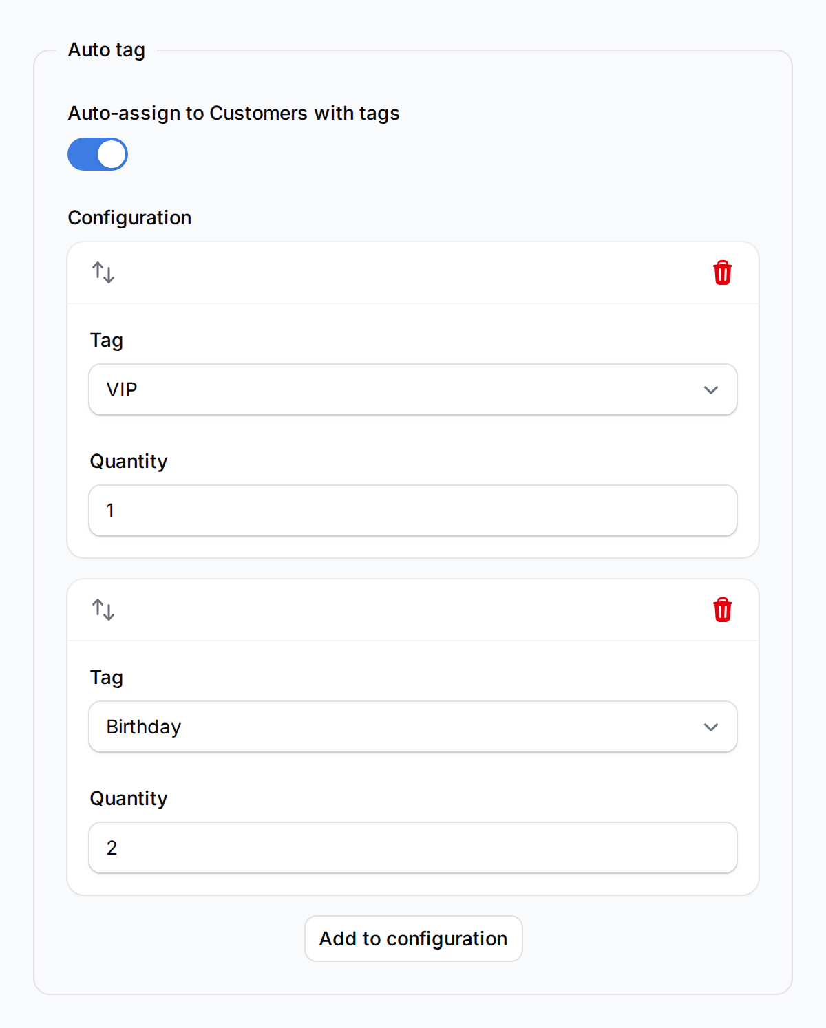 Auto tag section showing toggle enabled with tag configuration rows for VIP and Birthday tags