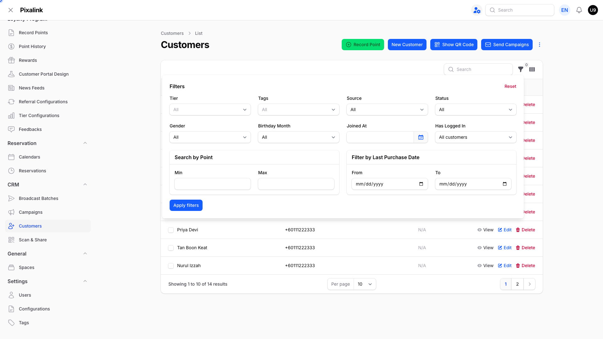 Customer list Filters panel showing Tier, Tags, Source, Status, Joined At date range and Last Purchase Date filters before exporting