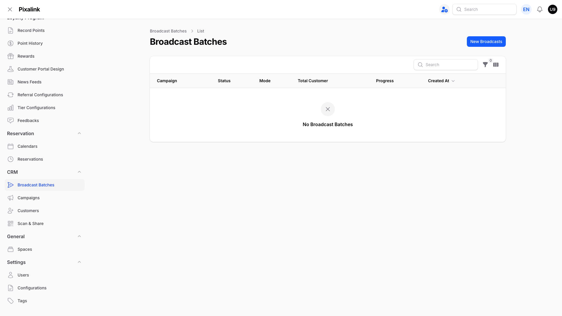 Broadcast Batches list showing Status, Total Customer and Progress columns with no export button, only a New Broadcasts button