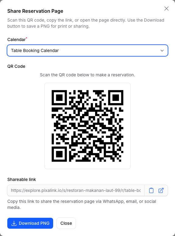 Share Reservation Page window showing the QR code, shareable link with copy button, and Download PNG button