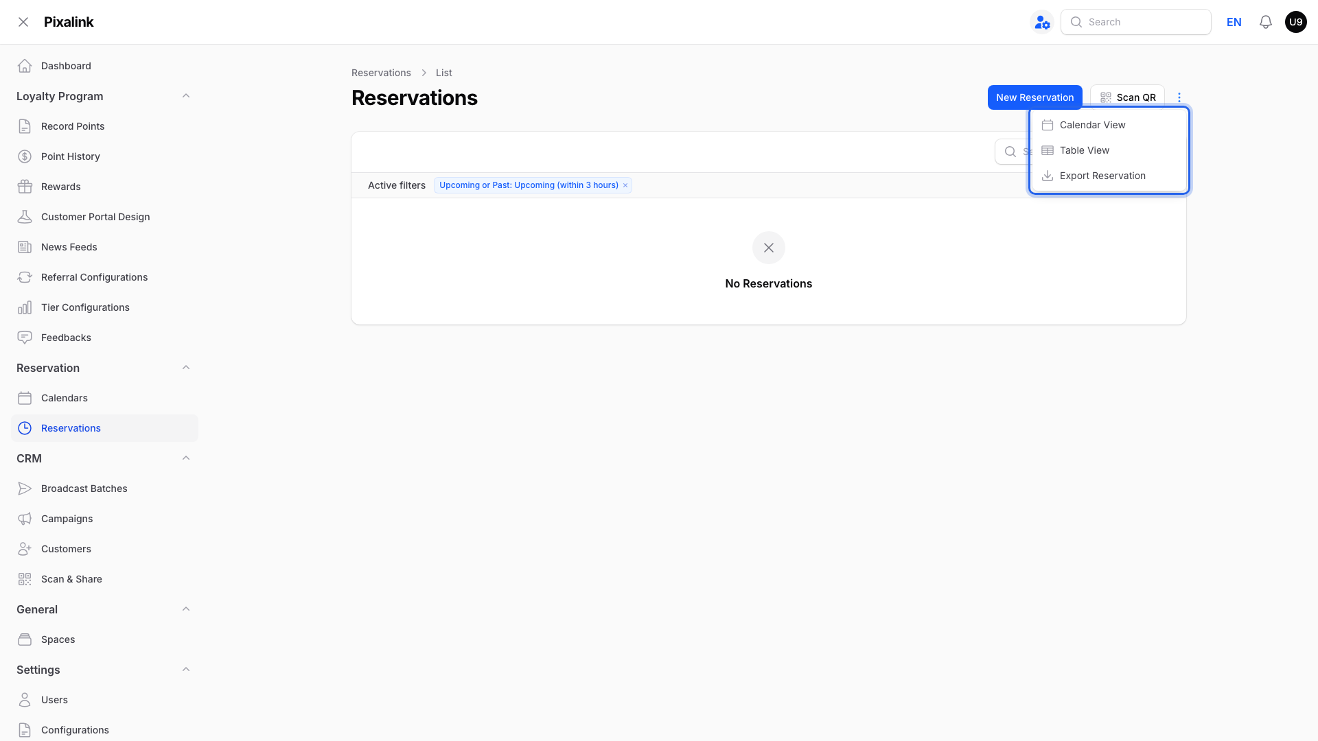 Reservations list page with the view menu open showing Calendar View, Table View, and Export Reservation options