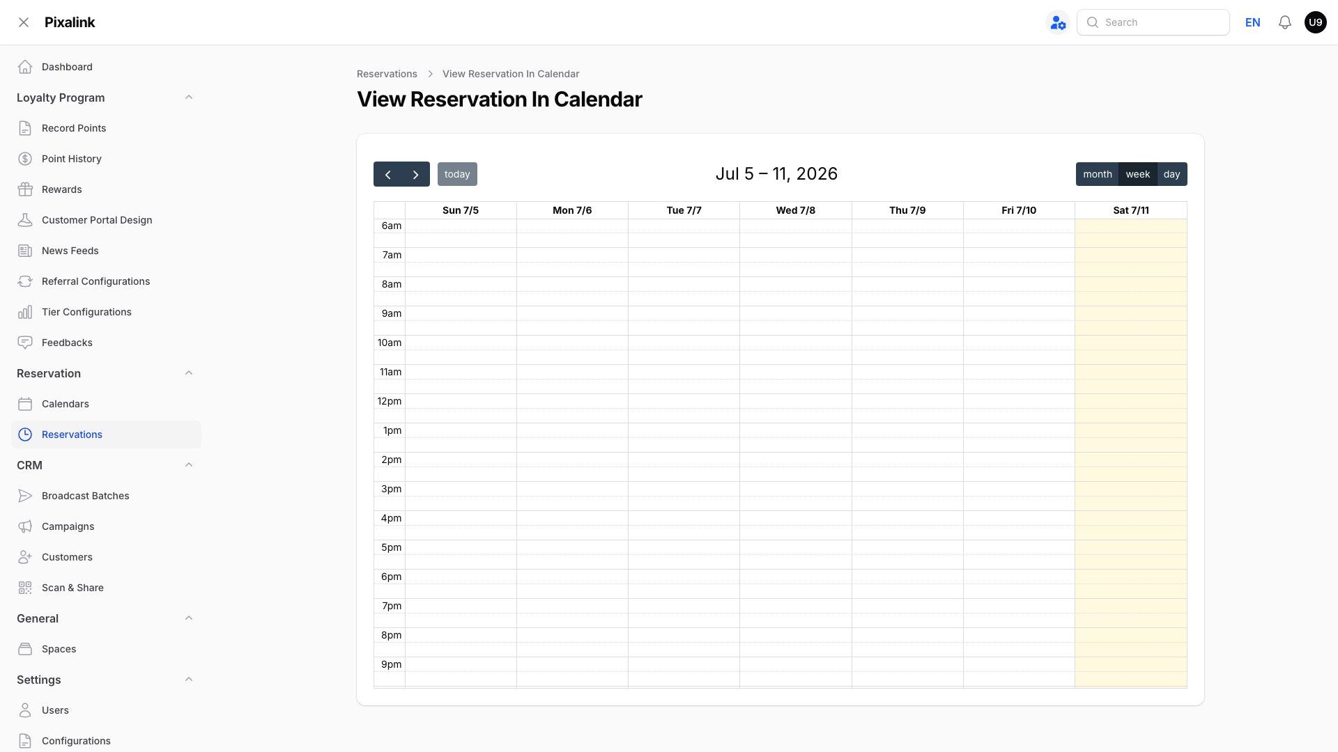 View Reservation In Calendar page showing a weekly date grid with month, week, and day options