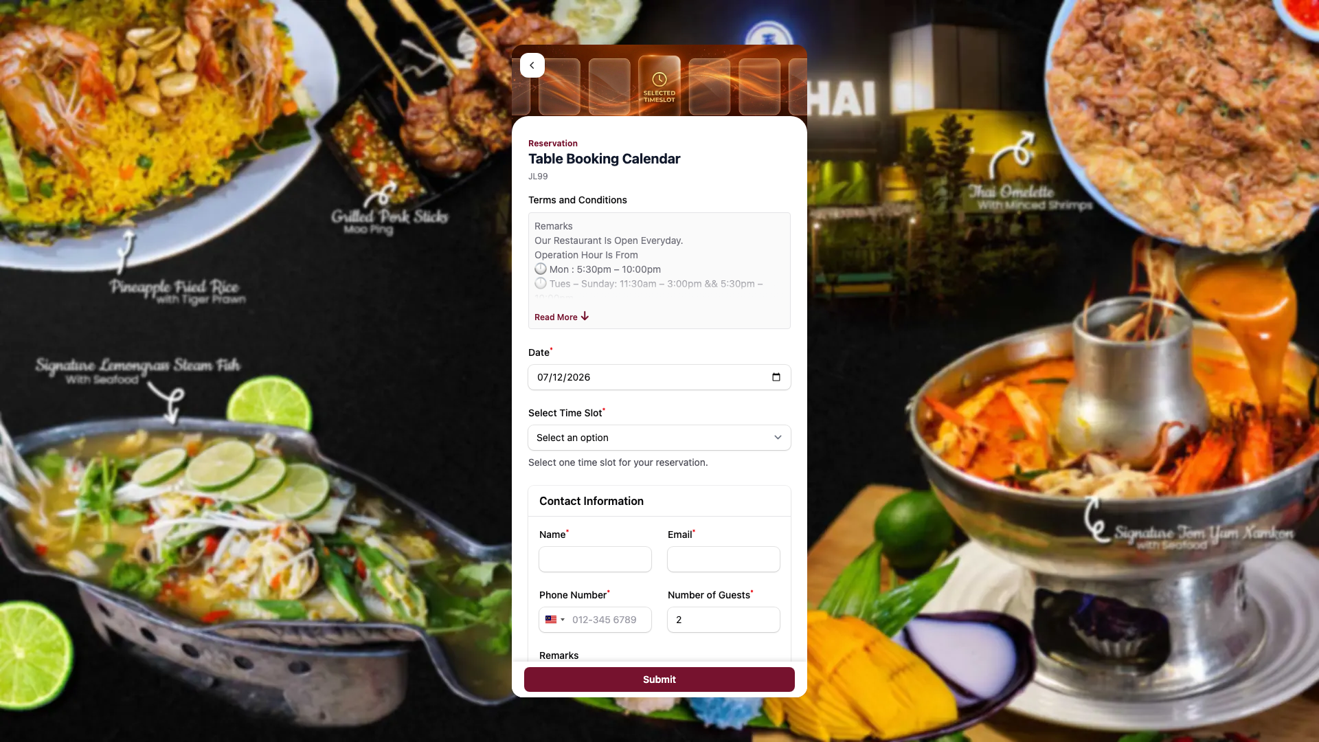 Public booking page showing the calendar name, business name, date picker, time slot, and contact form customers fill in