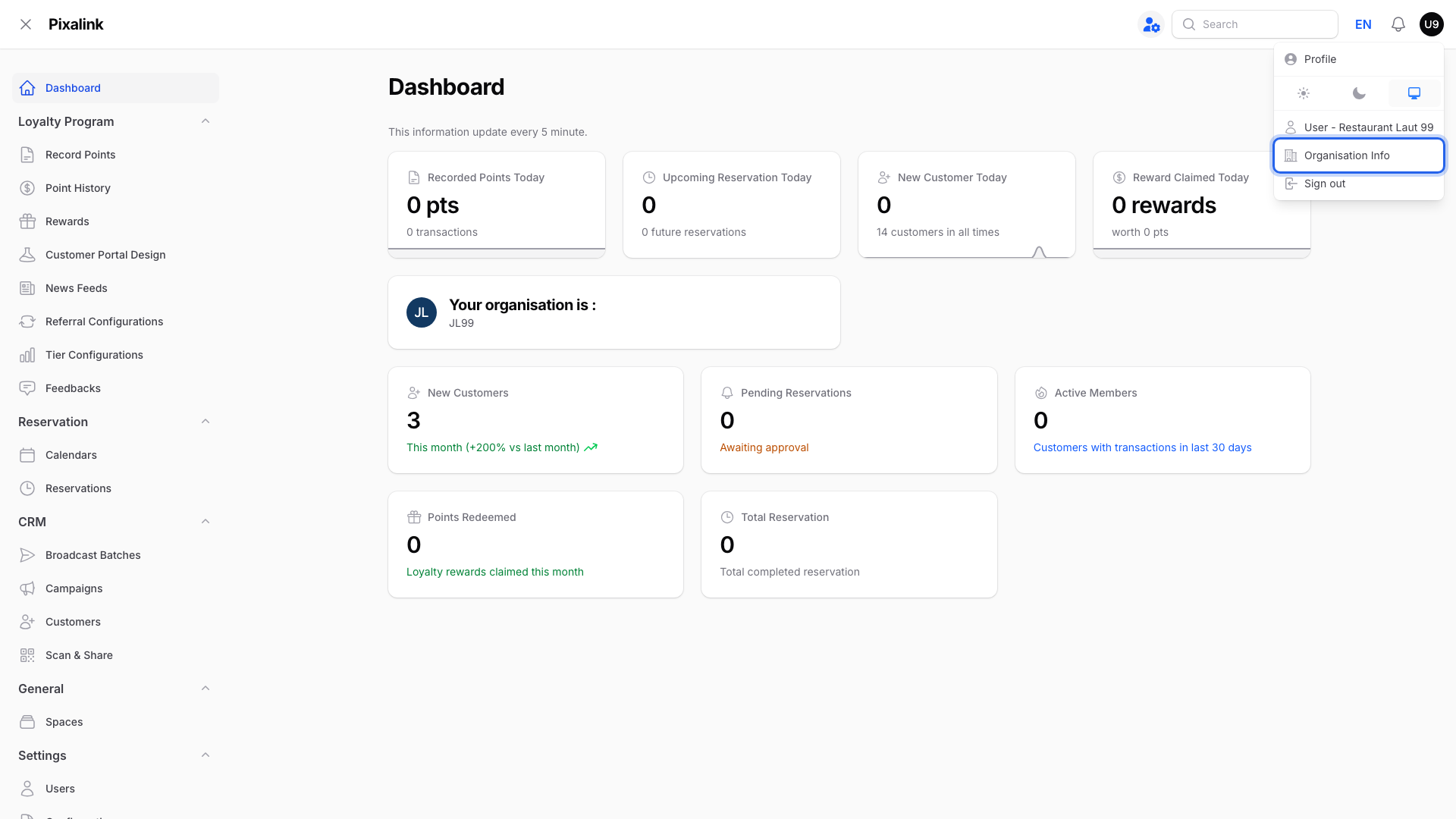 Admin dashboard with the top-right profile menu open and Organisation Info highlighted