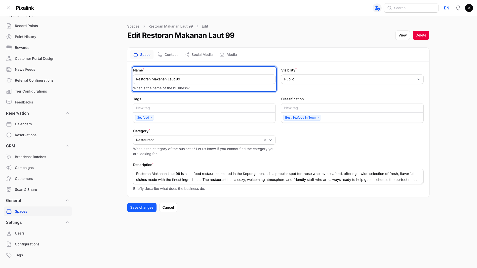 Edit Space page with the Name field highlighted above the Save changes button