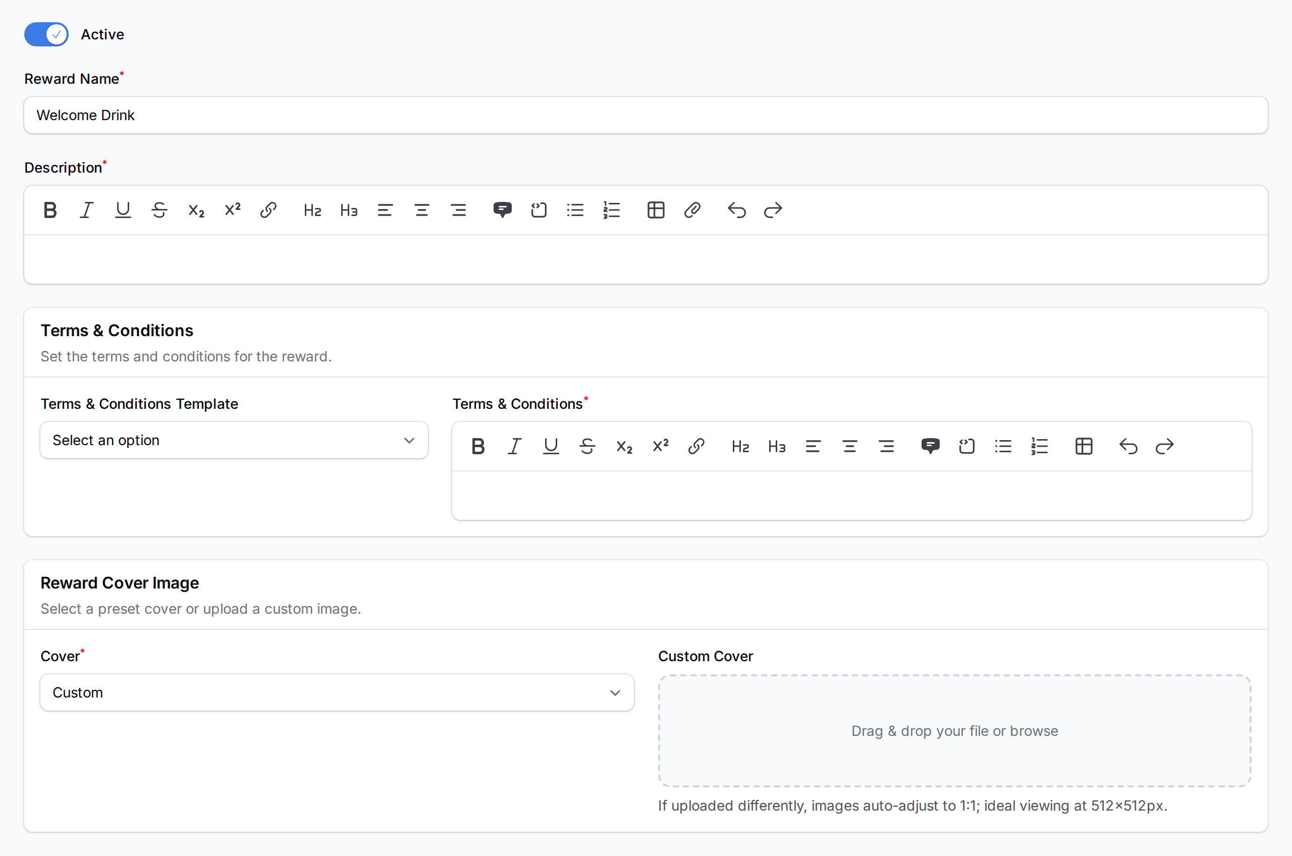 Reward Details tab showing Active toggle, Reward Name, Description, Terms & Conditions section, and Reward Cover Image section