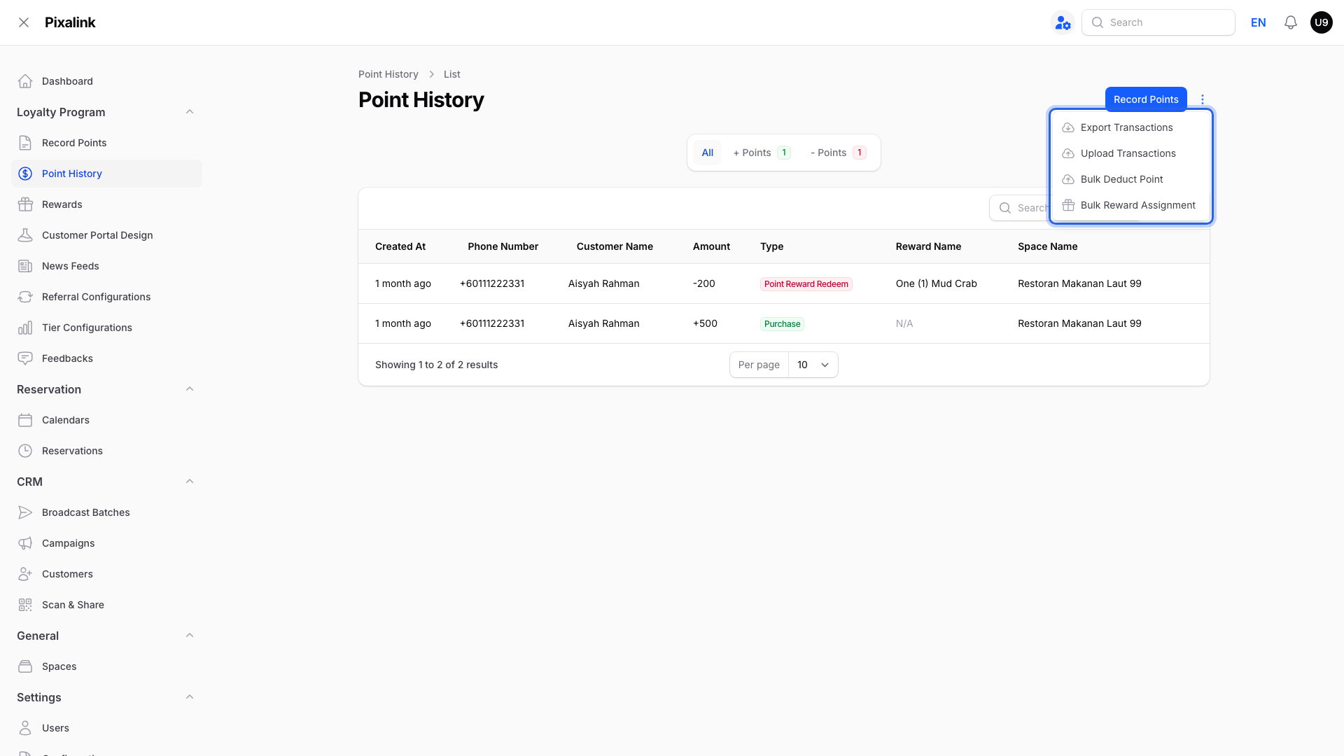 Point History page with the Actions menu open, showing Upload Transactions and Bulk Deduct Point