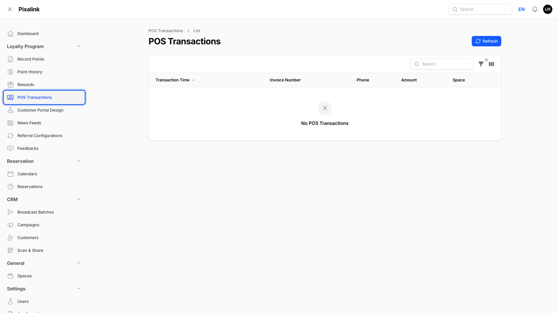 Admin panel POS Transactions page under Loyalty Program, showing the receipt list columns and a Refresh button, with the POS Transactions menu item highlighted