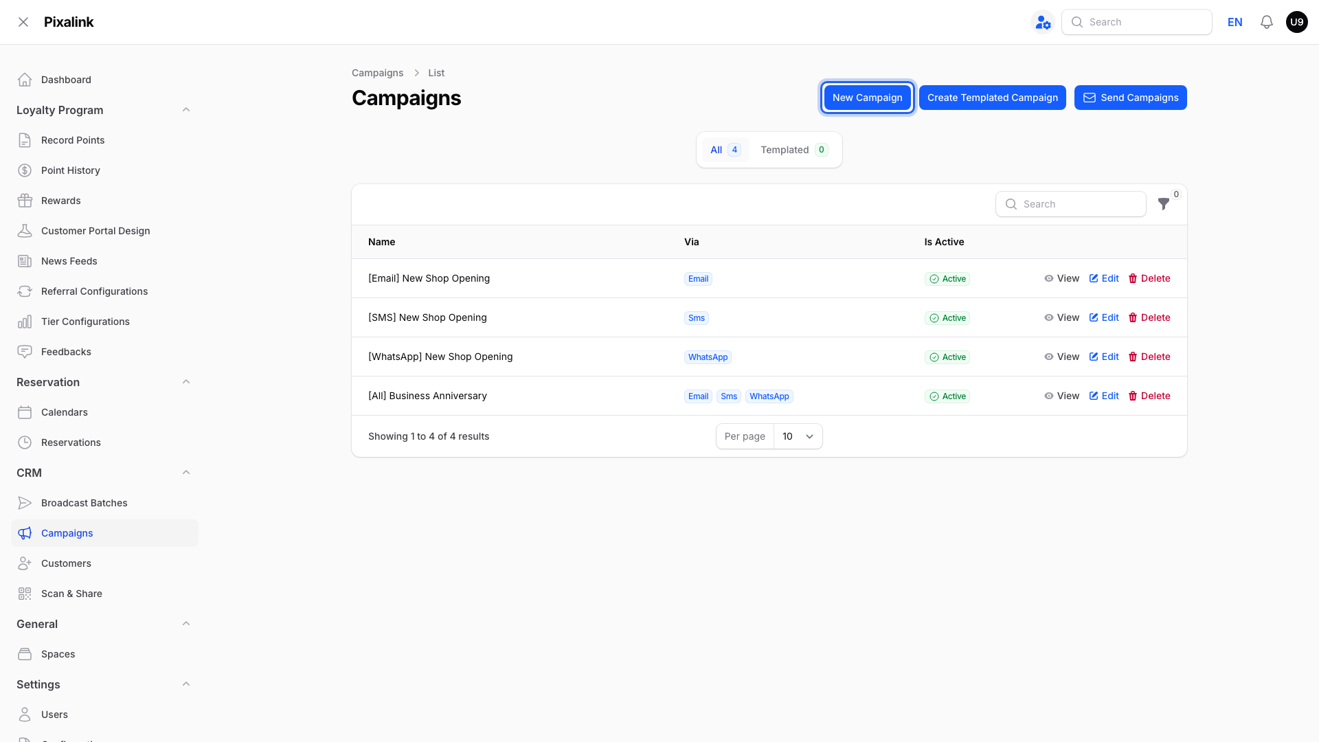 Campaigns list page with the New Campaign button highlighted