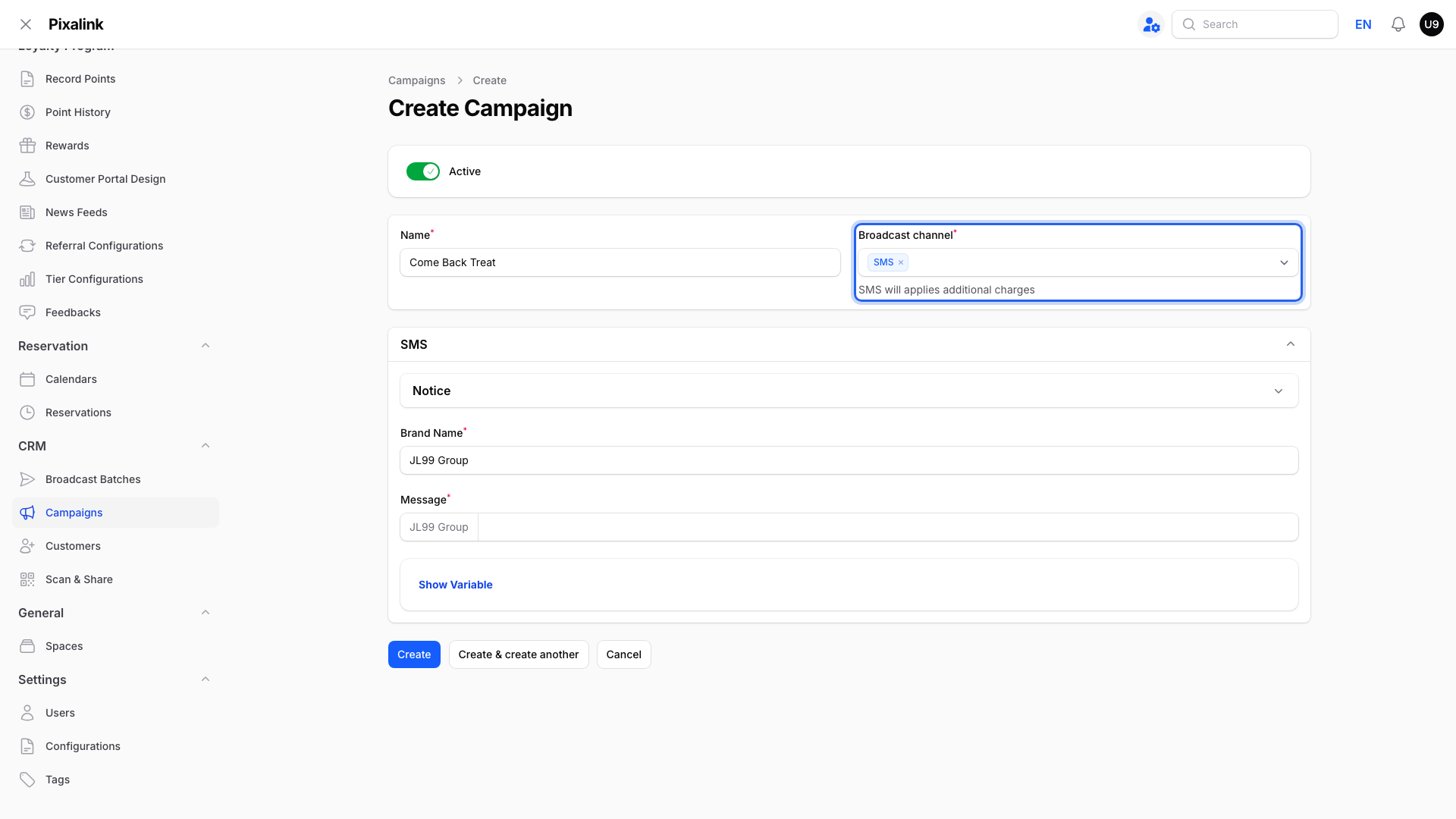 Create Campaign form with the Broadcast channel box highlighted and SMS selected