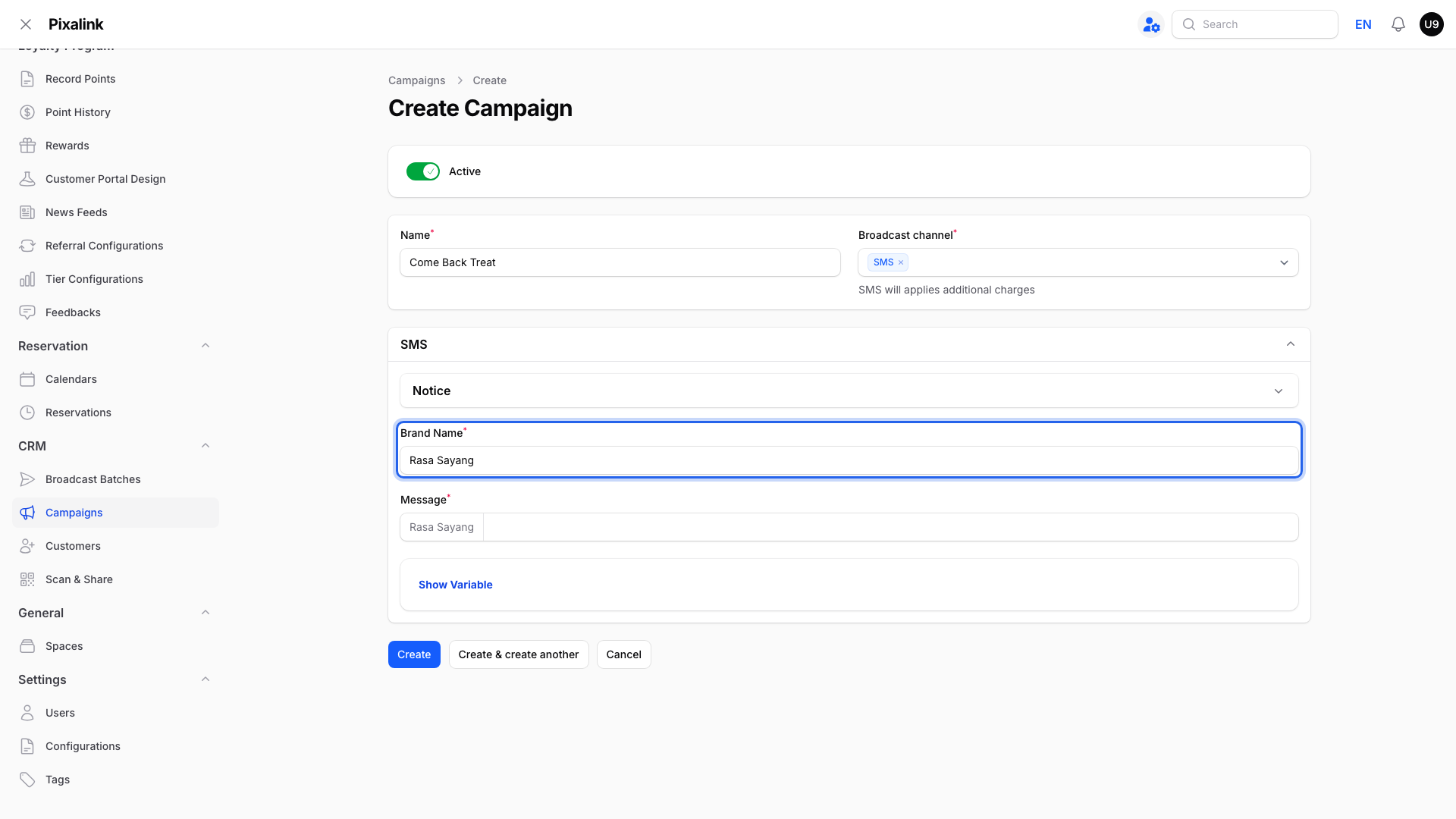SMS section of the Create Campaign form with the Brand Name field highlighted