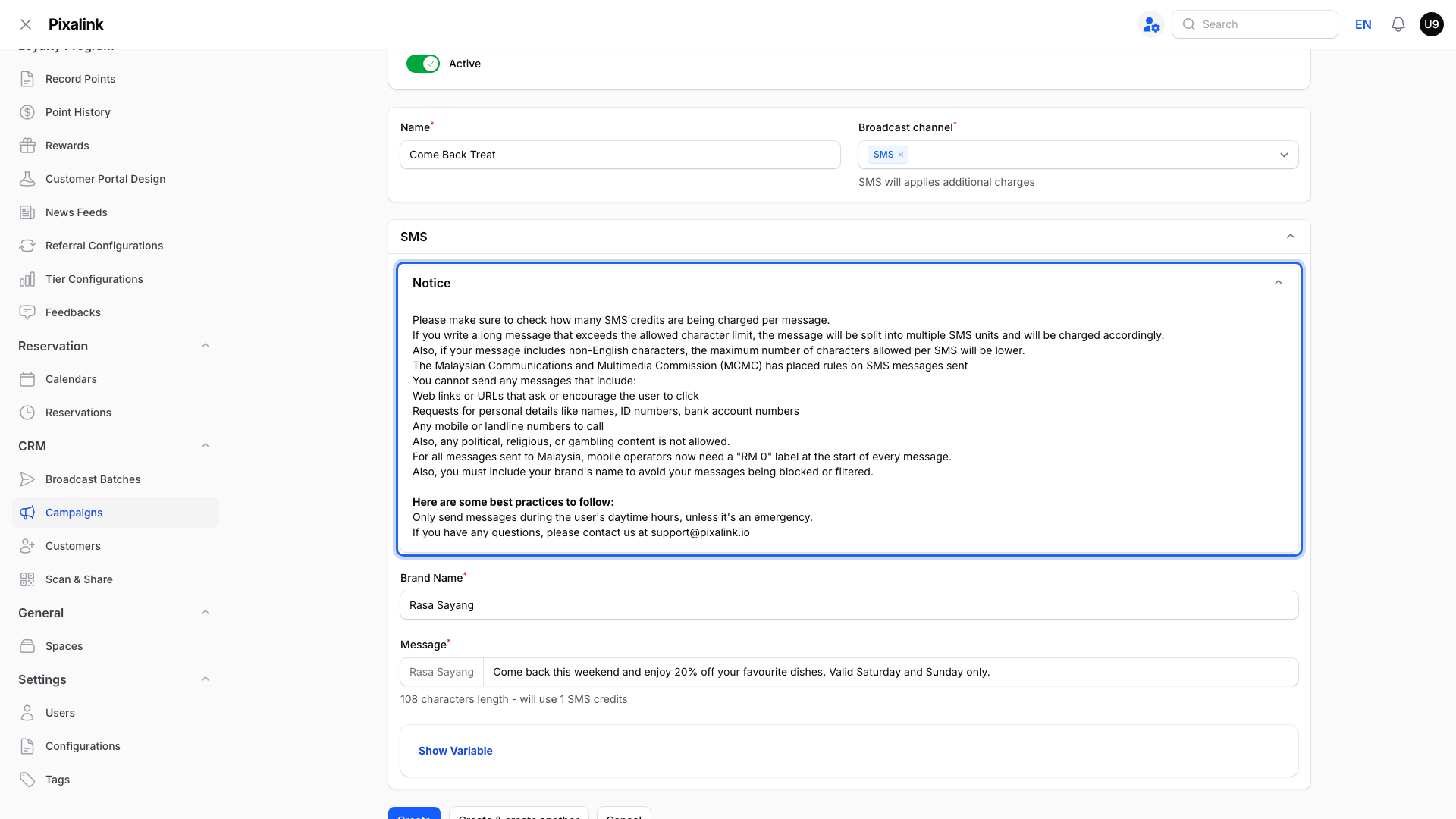 Notice panel expanded showing SMS credit charging and Malaysian SMS content rules