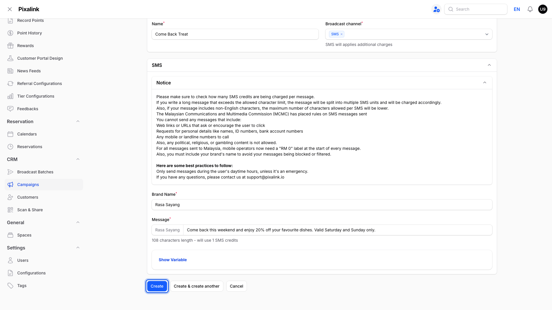 Create Campaign form with the Create button highlighted