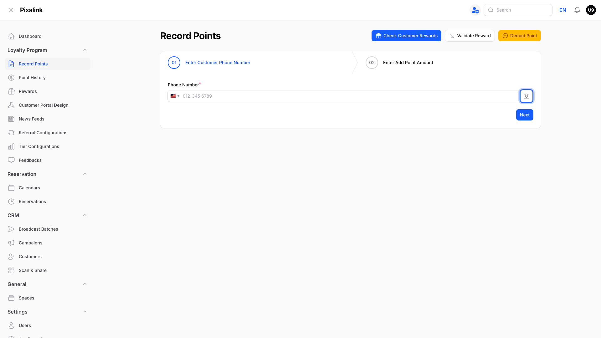 Record Points page with the camera scan button highlighted at the end of the Phone Number field